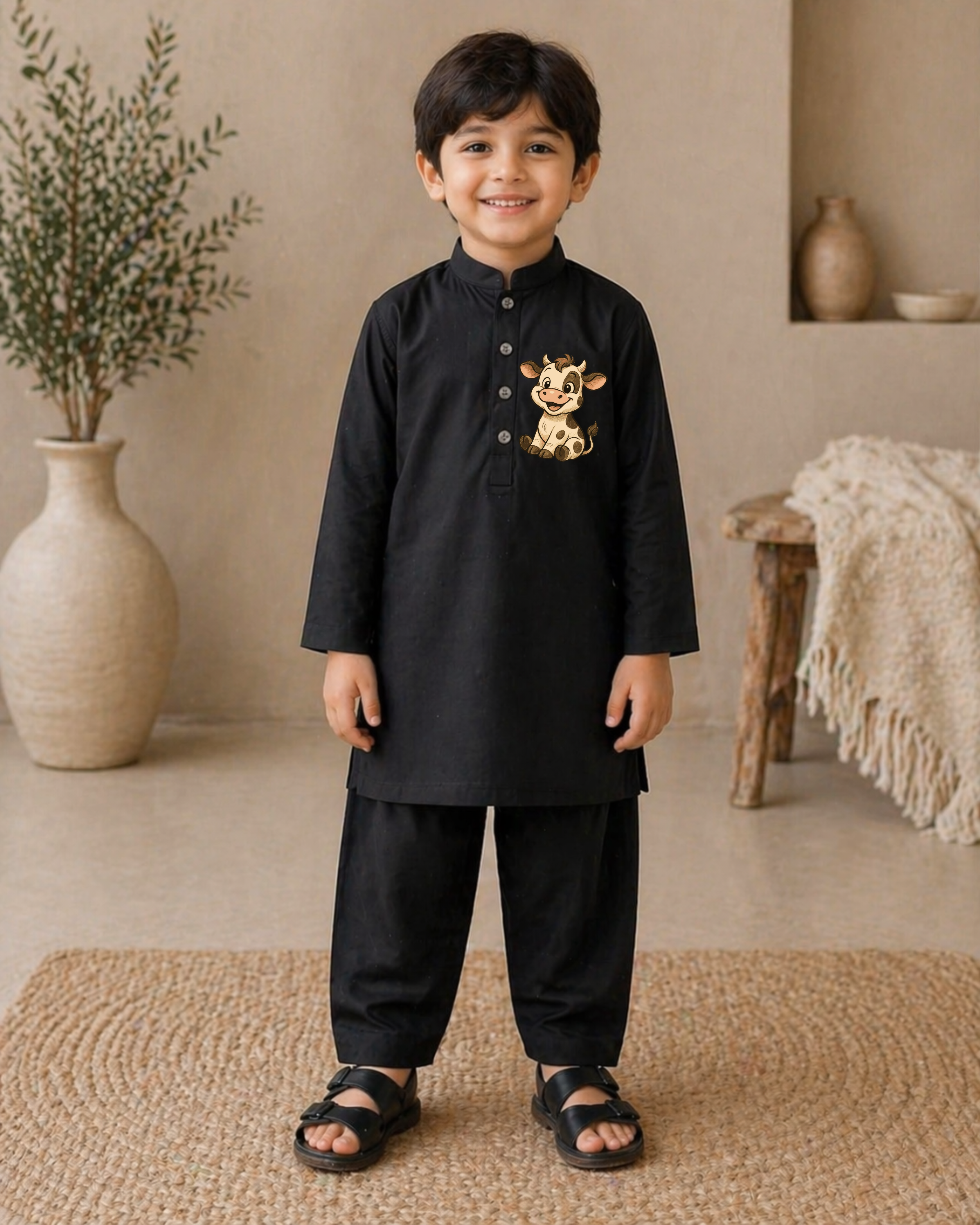 CC Embroidered Black Kurta Shalwar - Cow
