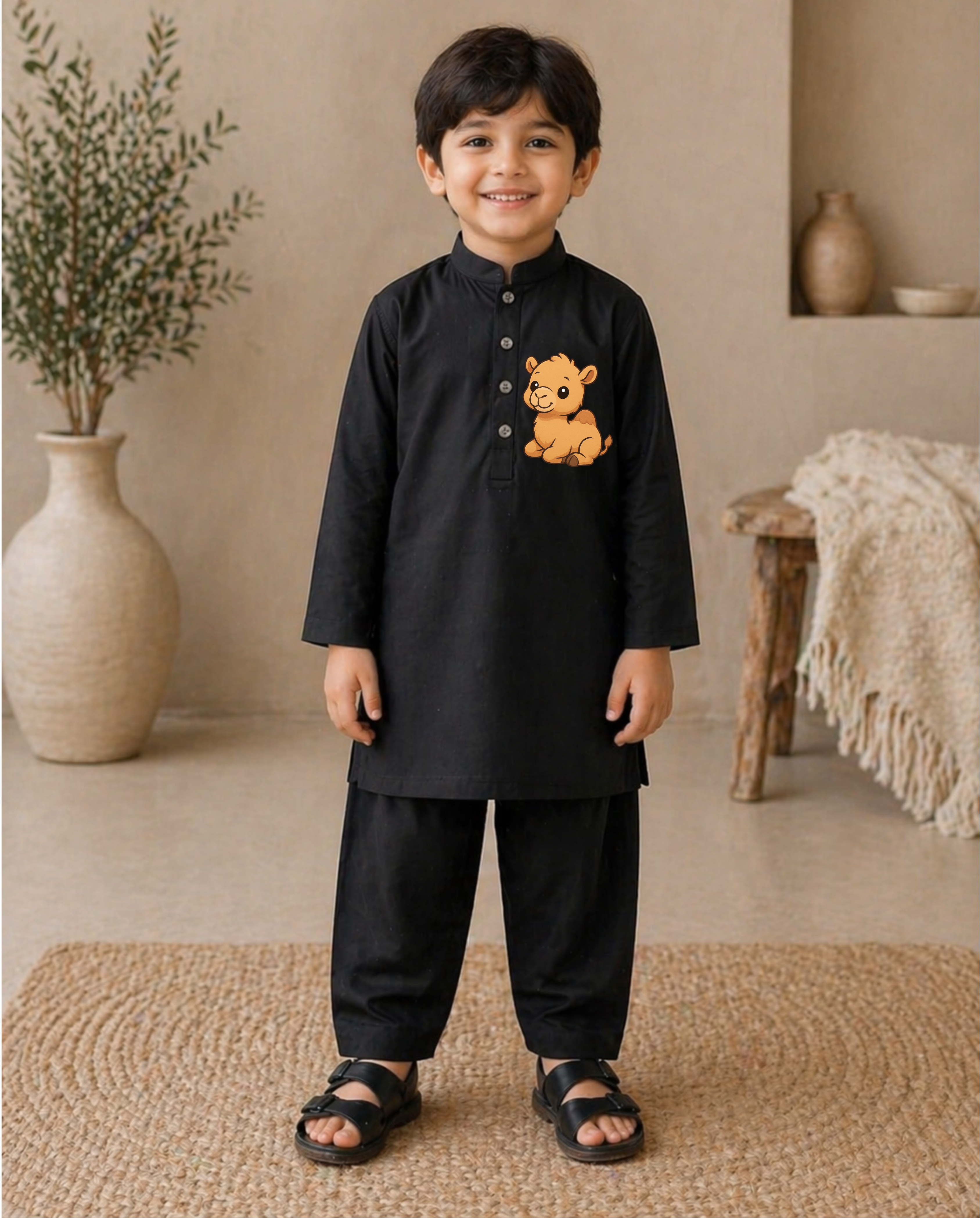 CC Embroidered Black Kurta Shalwar - Camel