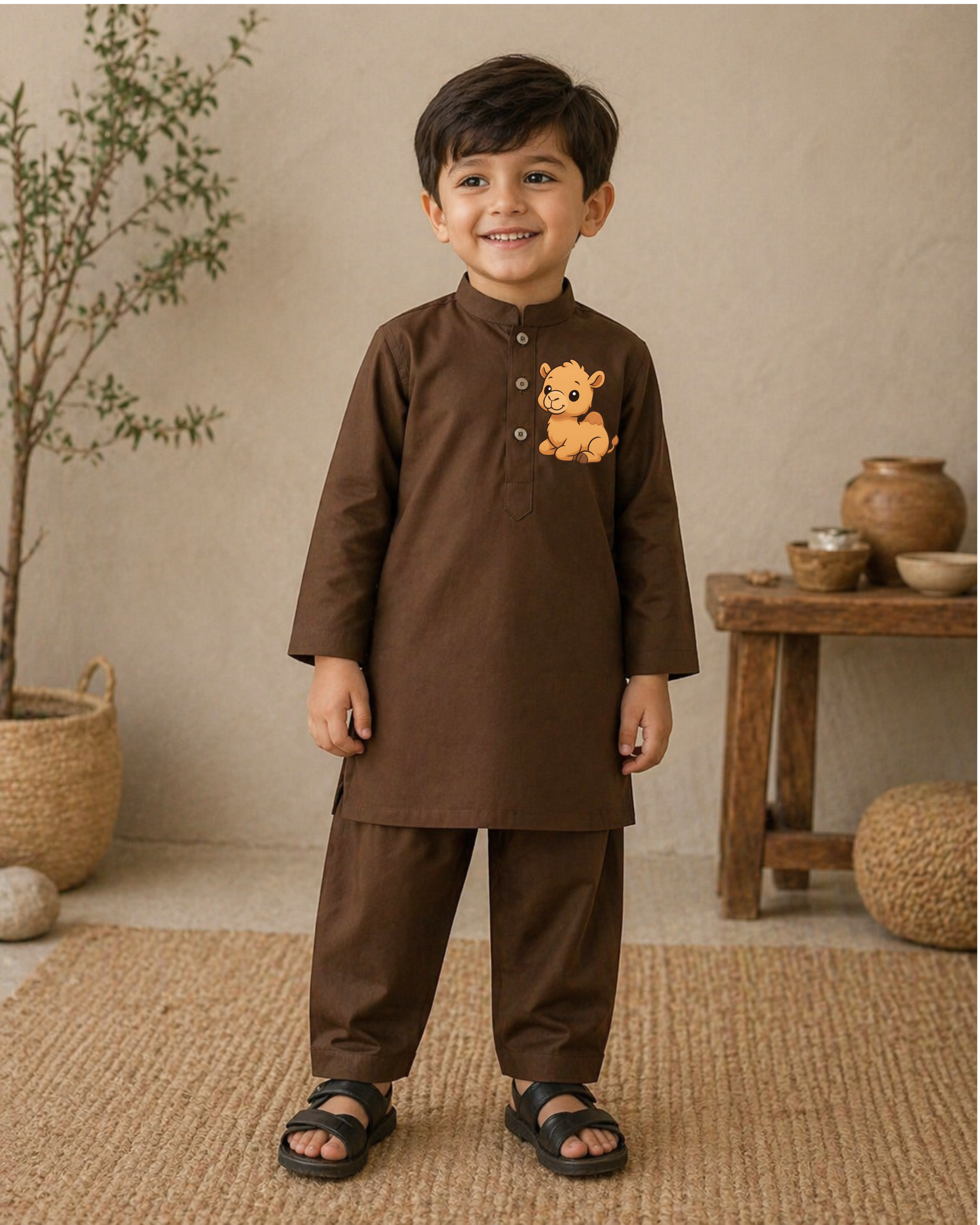 CC Embroidered Brown Kurta Shalwar - Camel