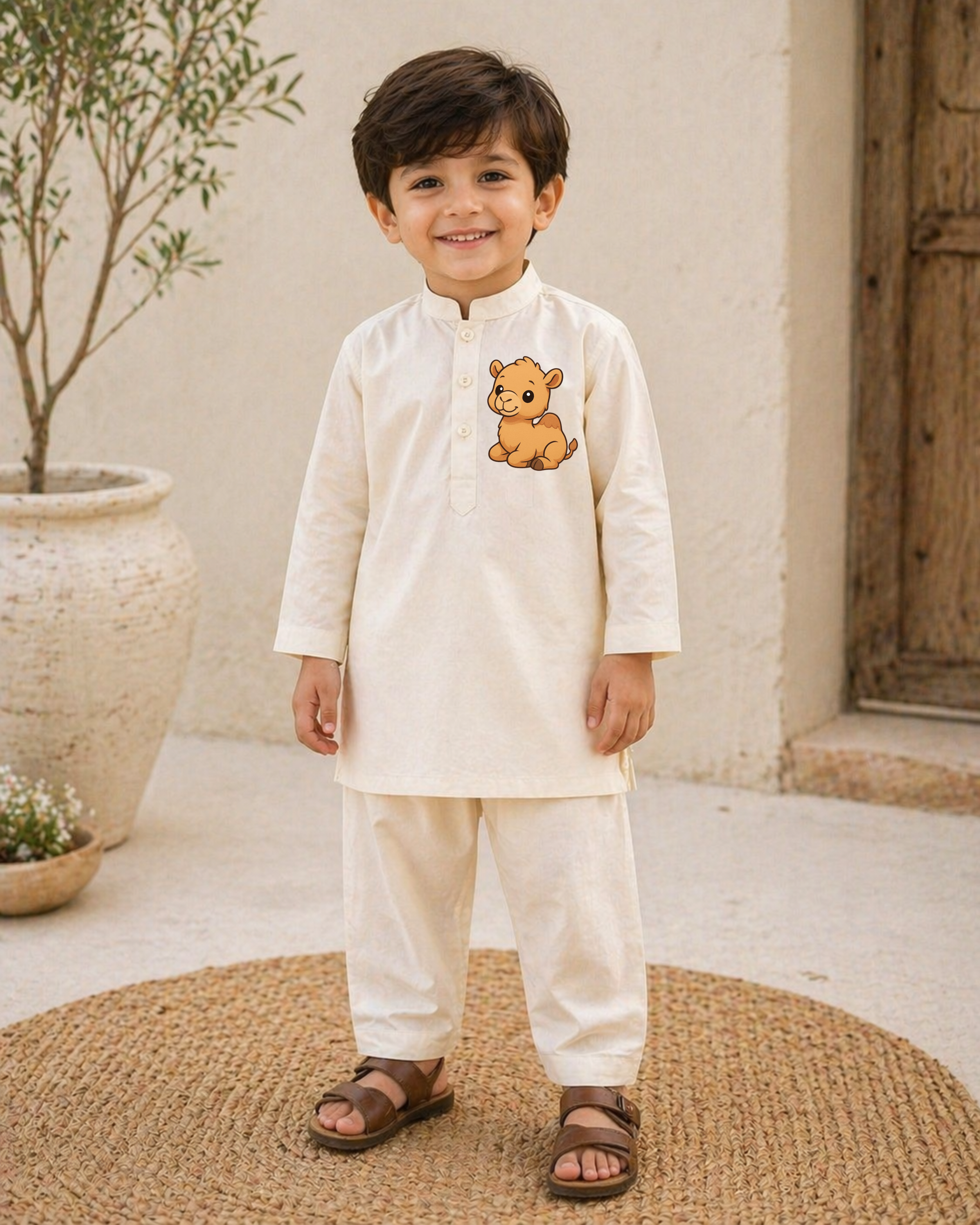 CC Embroidered Cream Kurta Shalwar - Camel