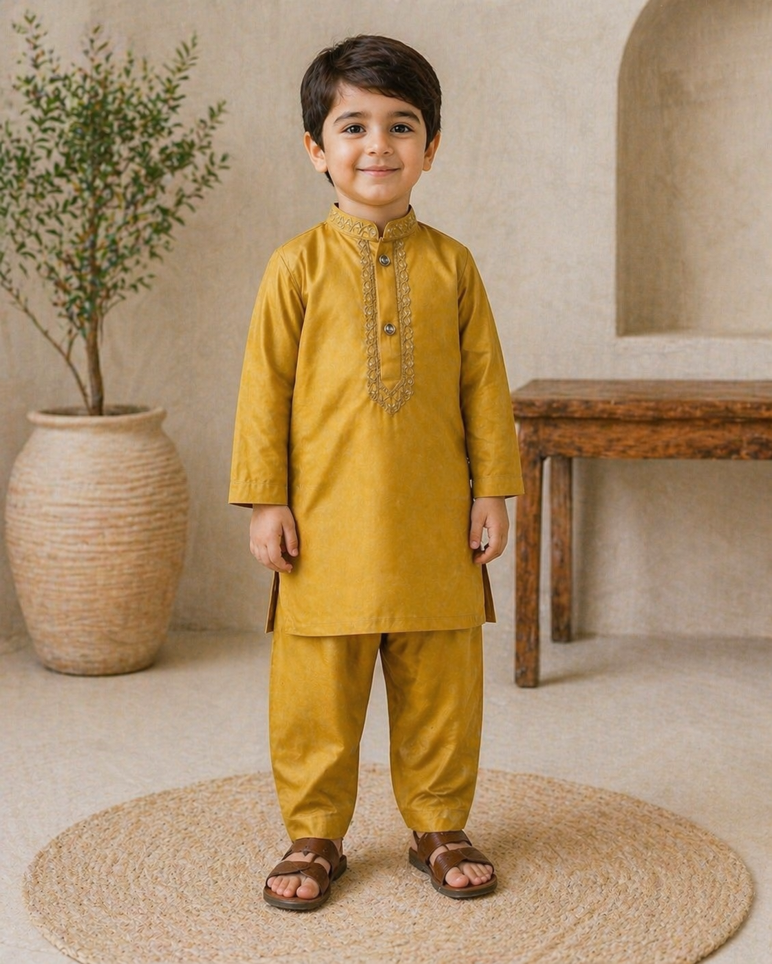 Mustard Embroidered Cotton Kurta Shalwar