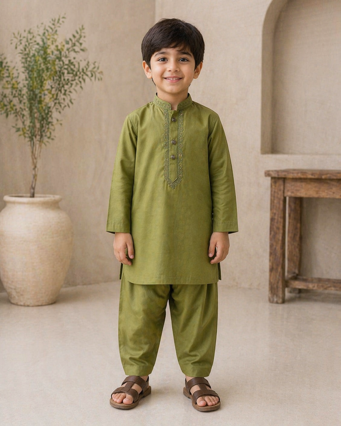 Olive Embroidered Cotton Kurta Shalwar