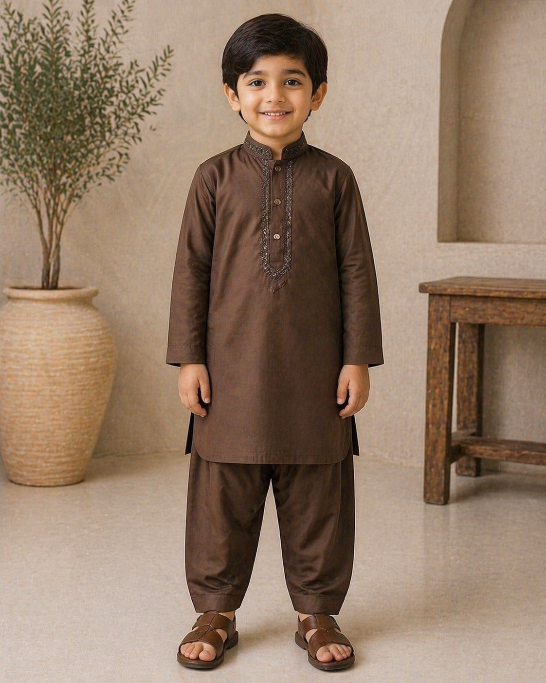 Dark Brown Embroidered Cotton Kurta Shalwar