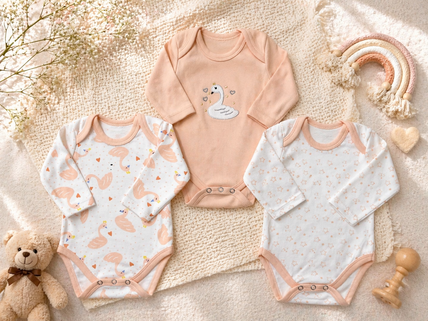 Peach Swan 3 Piece Bodysuits
