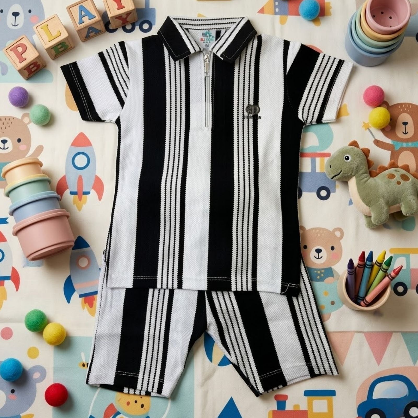 Black & White Striped Zip-Up Set
