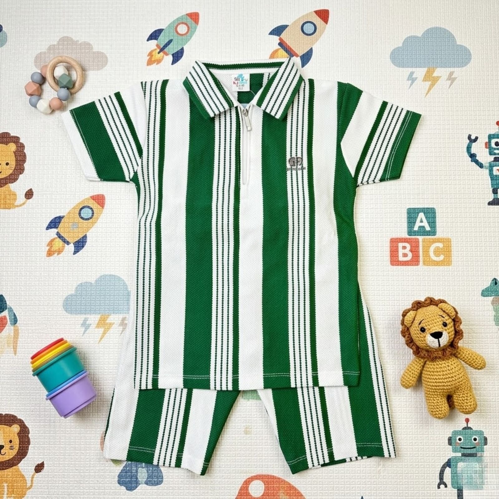 Green & White Striped Zip-Up Set
